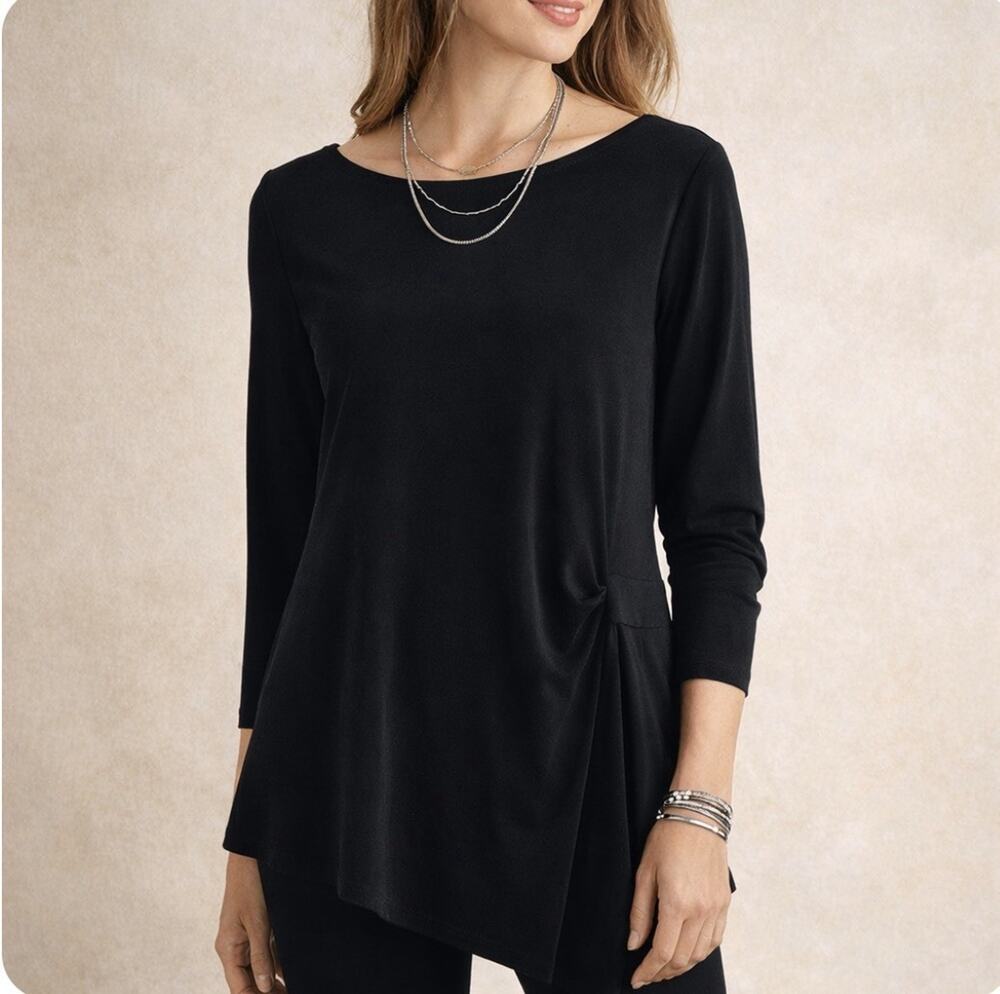 Chicos Travelers Sz 1(8) Blk Asymmetric Ruched LS Travel Minimalist Tunic￼